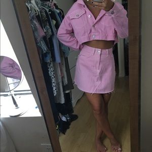 pink denim two piece set